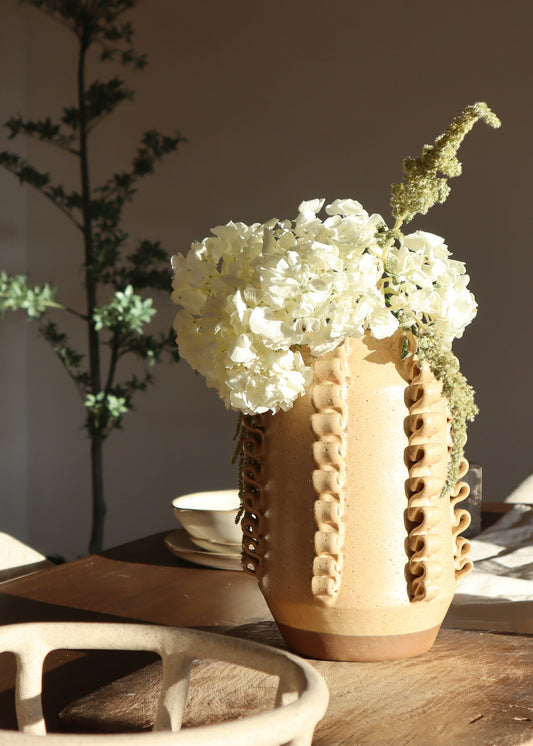 Handmade Textured Ceramic Lola Vase by Perla Valtierra  in Almond - 7.75"